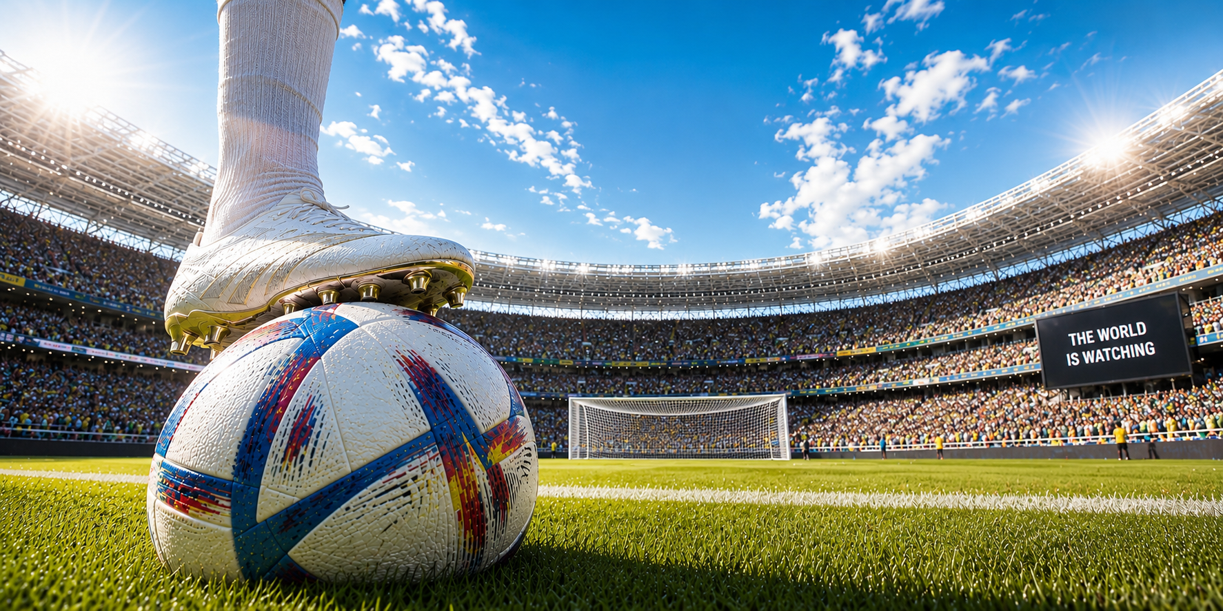 A football boot resting on a World Cup ball inside a packed stadium