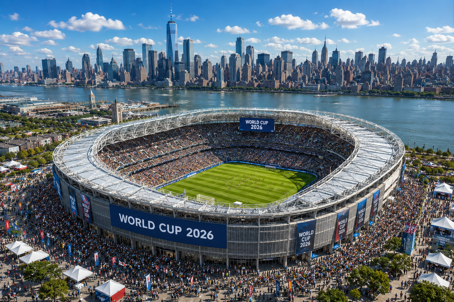 Aerial view of a World Cup stadium overlooking the New York City skyline