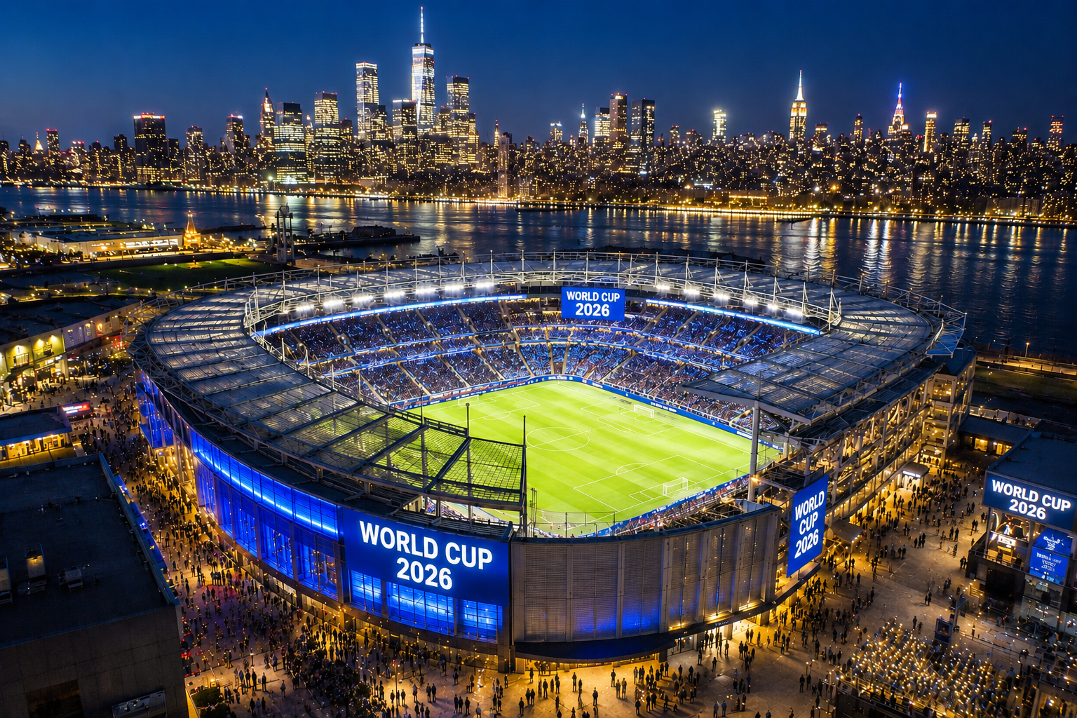 World Cup stadium lit up at night overlooking the New York skyline